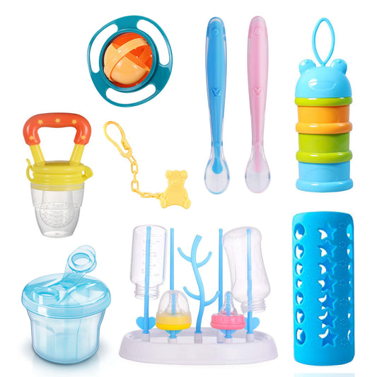 Safe O Kid Feeding Kit/ Combo, BPA Free Gyro Bowl , Fruit Nibbler, Pacifier with Chain, Silicone tip spoon, Bottle cover, Bottle Drying Rack, Milk Powder Container, Food container (3 Layer)