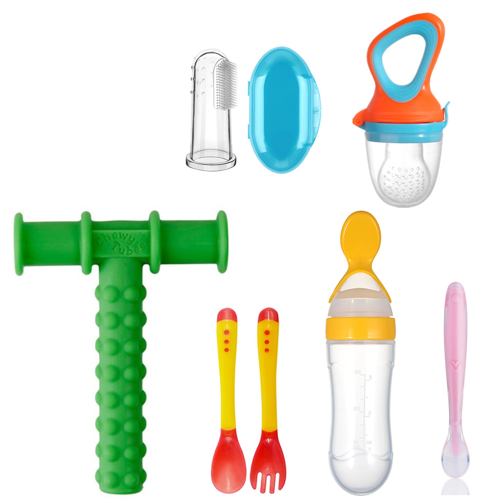 Safe O Kid Baby Oral Care and Safety Kit ? Standard | 6 Pieces, 1 Finger Brush, 1 Chewy Tube, 1 Fruit Nibbler, 1 Squeezy Spoon, 1 Silicone Spoon, 1 Heat Sensitive Spoon & Fork Set