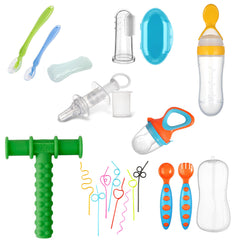 Safe O Kid Baby Oral Care and Safety Kit ? Premium | 8 Pieces, 1 Twist Straws, 1 Finger Brush, 1 Chewy Tube, 1 Fruit Nibbler, 1 Squeezy Spoon, 1 Silicone Spoon with box, 1 Spoon & Fork Set, 1 Medicine Feeder