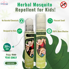 Safe-O-Kid Herbal Mosquito Repellent Roll-On packaging and features