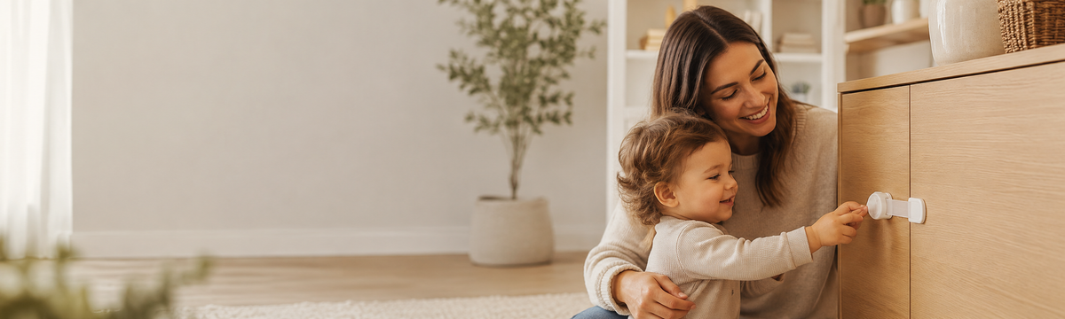 Mother helping her child use a SafeOKid safety product