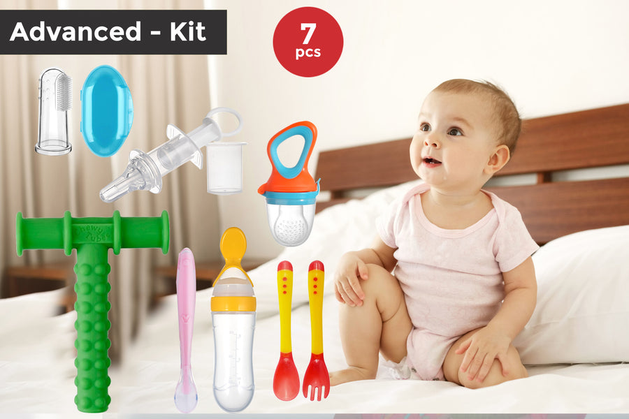Safe O Kid Baby Oral Care and Safety Kit ? Advanced | 7 Pieces, 1 Finger Brush, 1 Chewy Tube, 1 Medicine Feeder, 1 Fruit Nibbler, 1 Squeezy Spoon, 1 Silicone Spoon, 1 Heat Sensitive Spoon & Fork Set