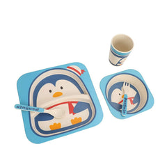 Safe-O-Kid 5 Piece Bamboo Fiber Dinner Set for Kids, Plate - Bowl - Spoon - Fork and Cup, Feeding Tableware Meal Set for Toddlers