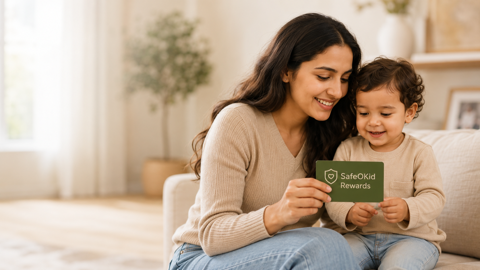 Mother and child holding a SafeOKid Rewards card