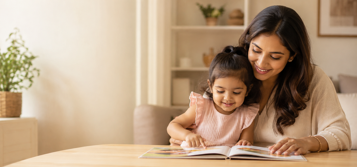 Mother reading a child safety guide with her daughter