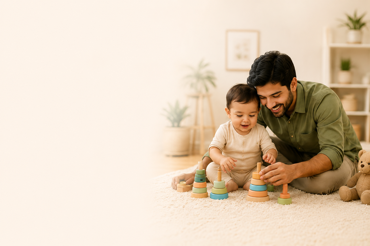 Father helping his toddler play with developmental toys