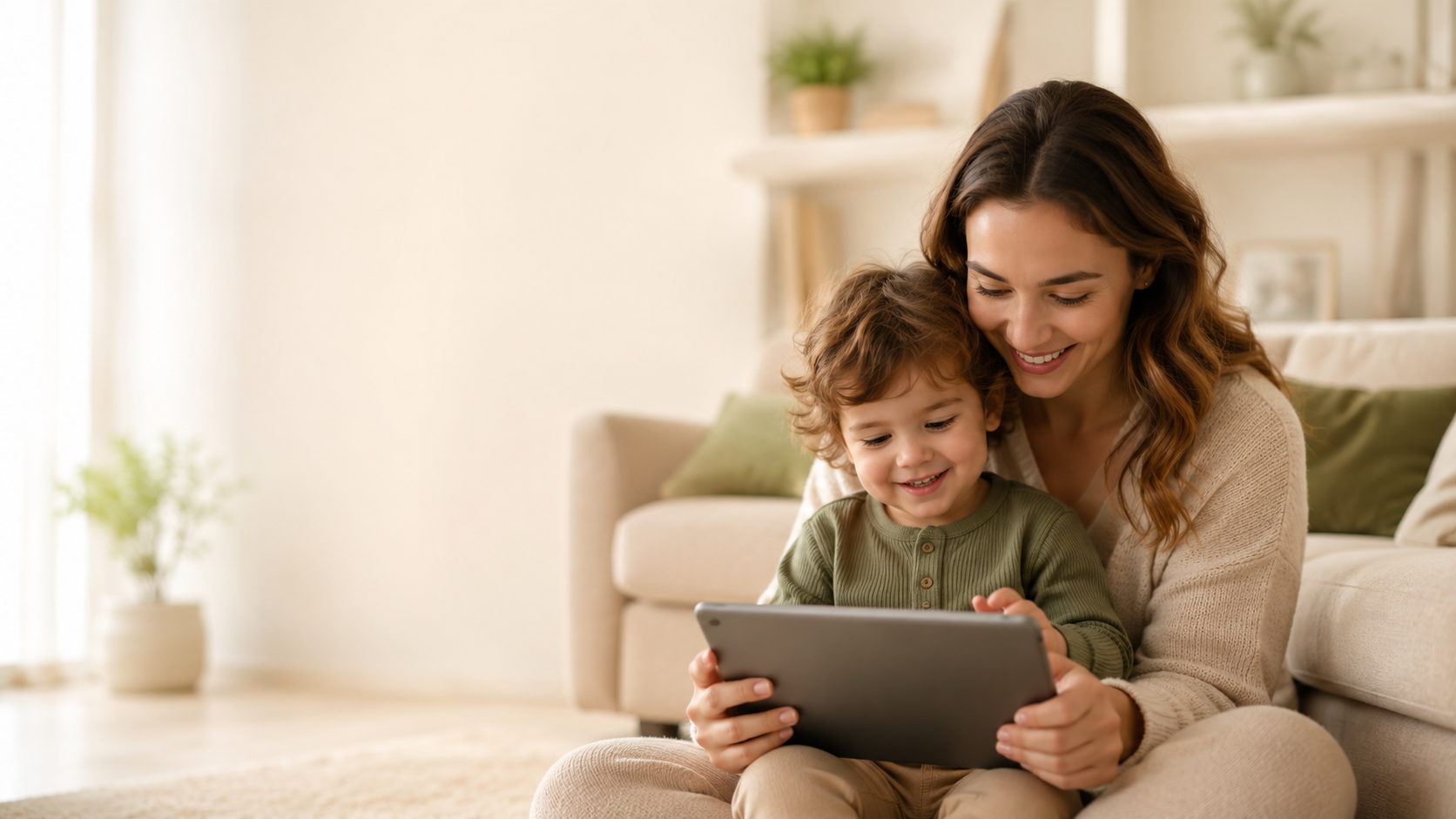 Mother and child watching a safety video