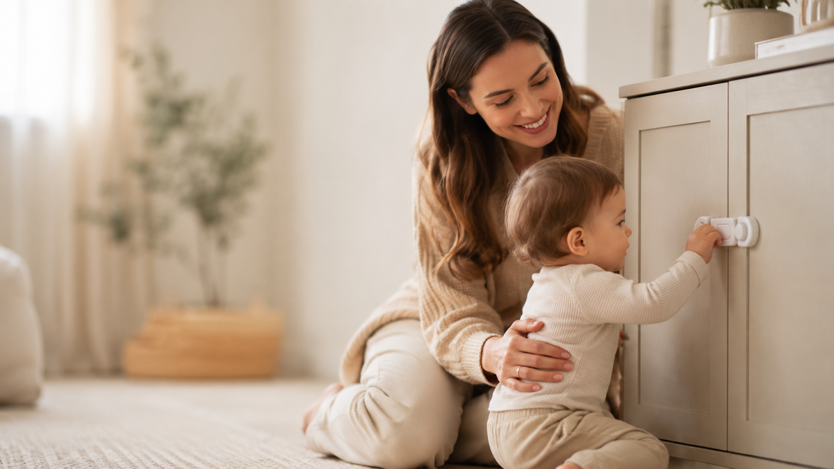 Child beside secured cabinet drawers