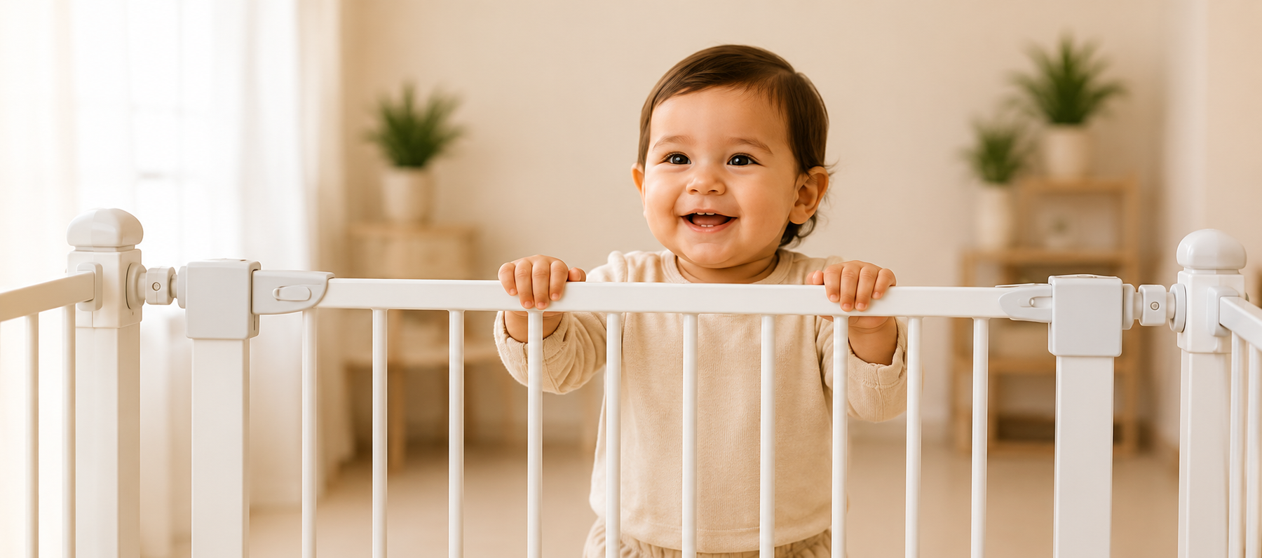 A smiling baby standing safely behind a baby gate