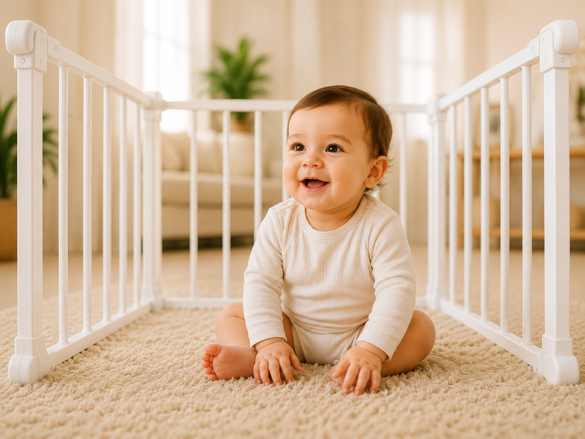 Child sitting safely beside a secured cabinet