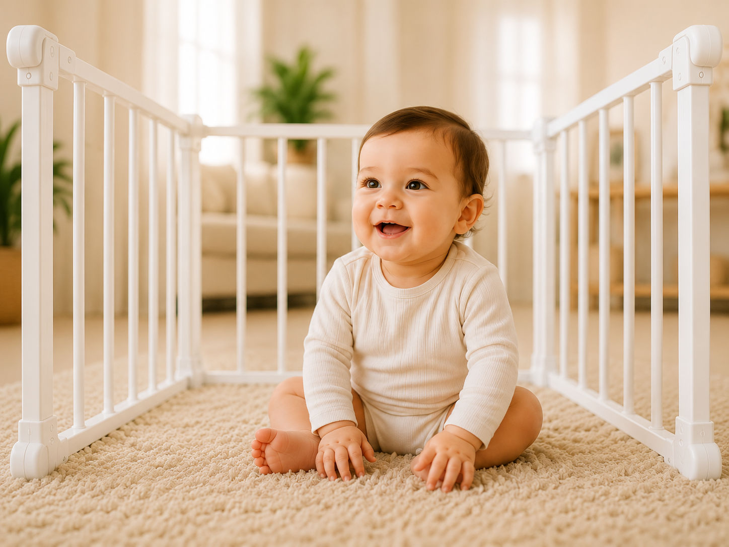 A smiling baby sitting safely inside a baby gate