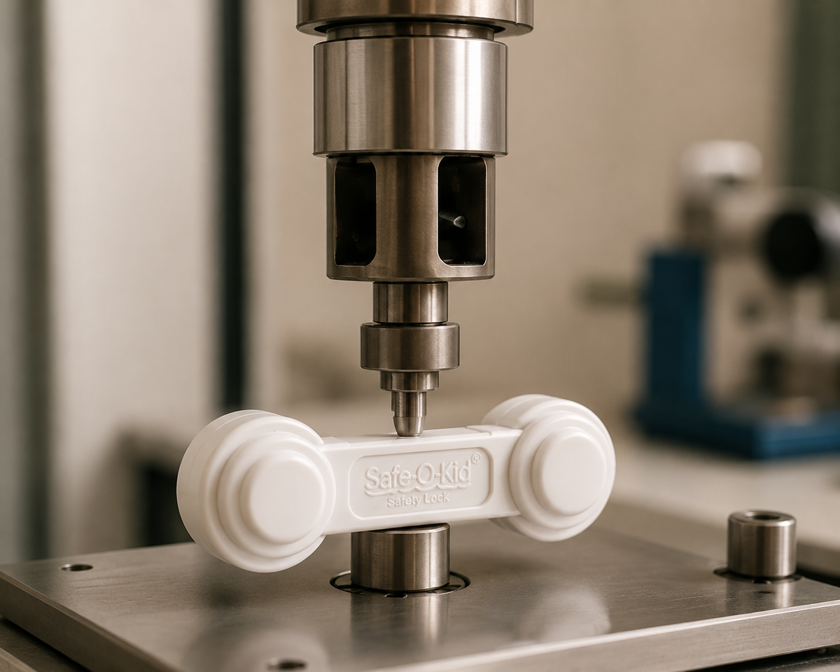 Child safety lock undergoing laboratory strength testing