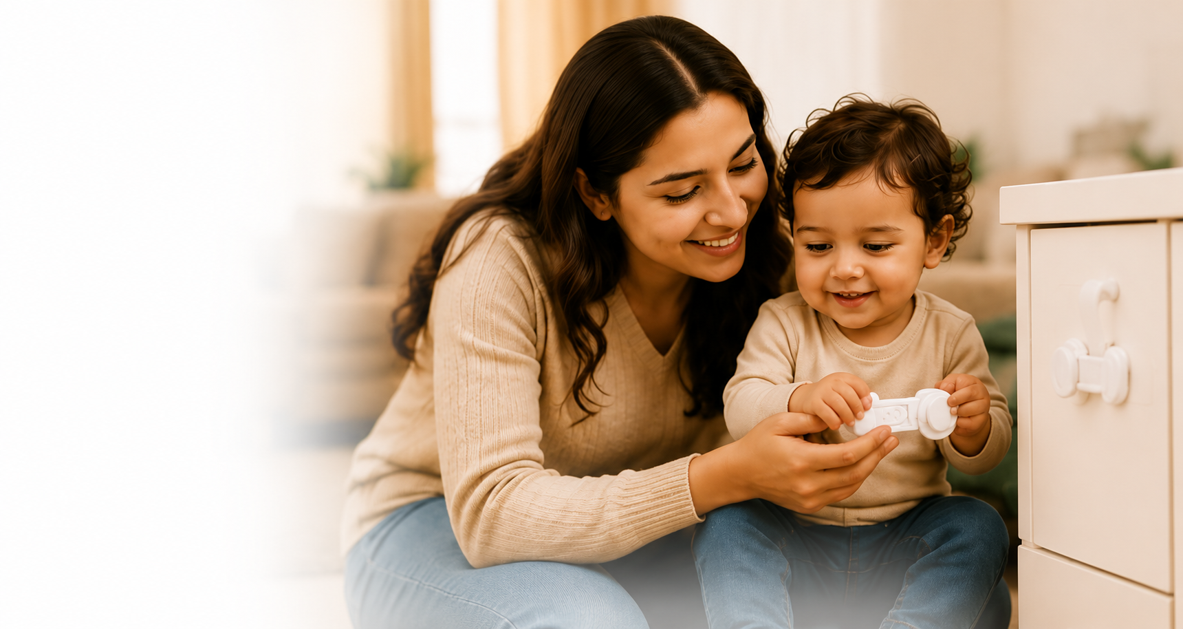 Mother and child using a SafeOKid cabinet safety lock