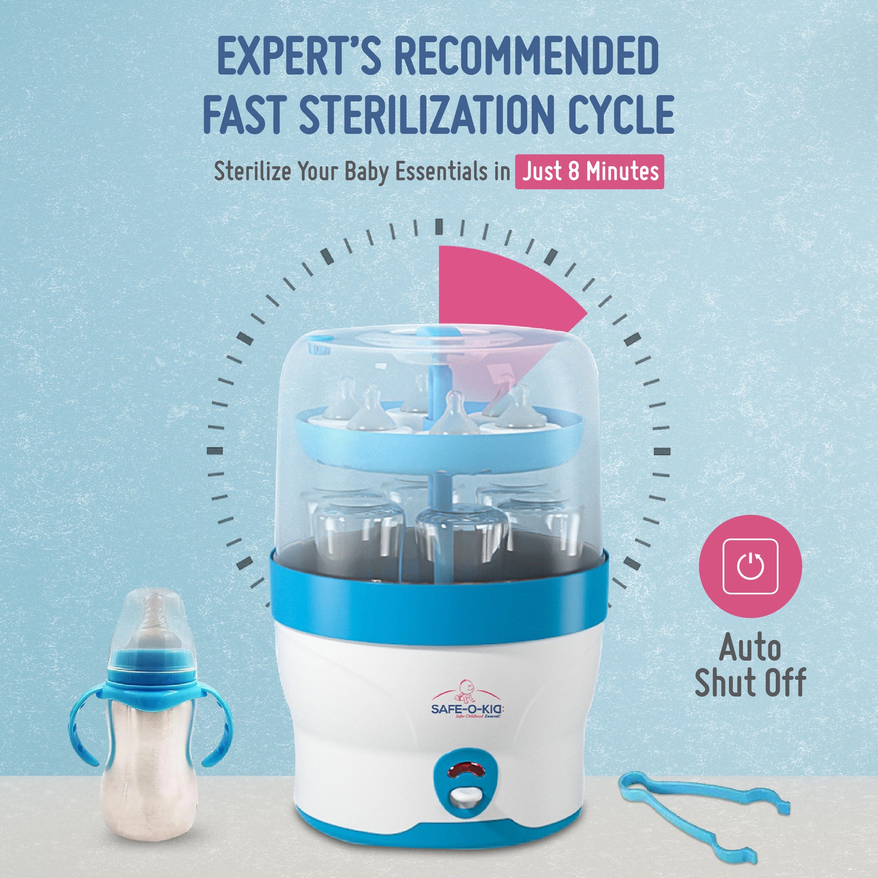Safe-O-Kid 5 Bottle Sterilizer,BPA Free, Auto Shut, 1-Yr Warranty