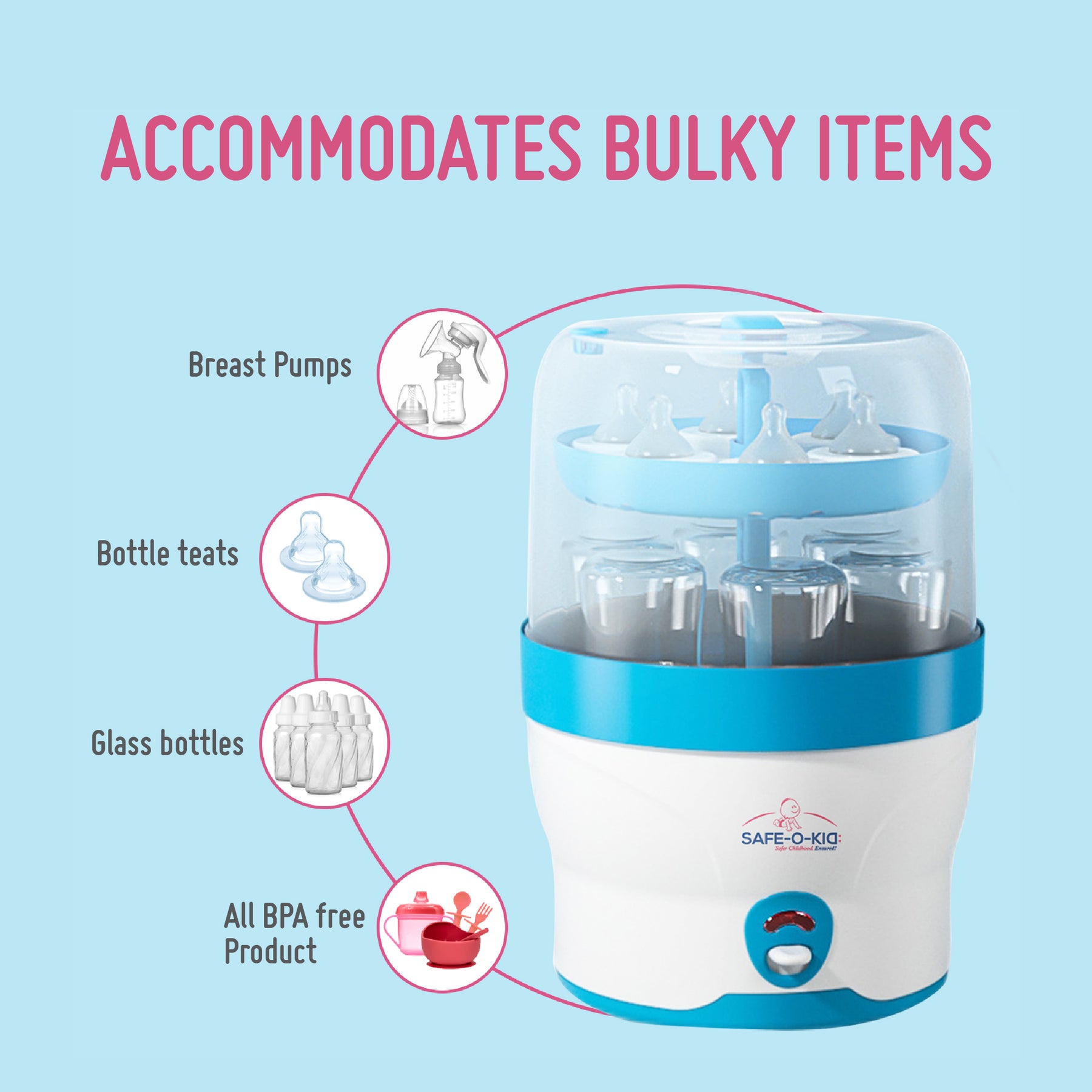 Safe-O-Kid 5 Bottle Sterilizer,BPA Free, Auto Shut, 1-Yr Warranty
