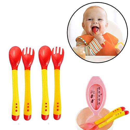 Safe-O-Kid- High Quality, BPA Free, Soft Silicone Tip, Heat Sensitive Feeding Spoon &amp; Fork for Baby