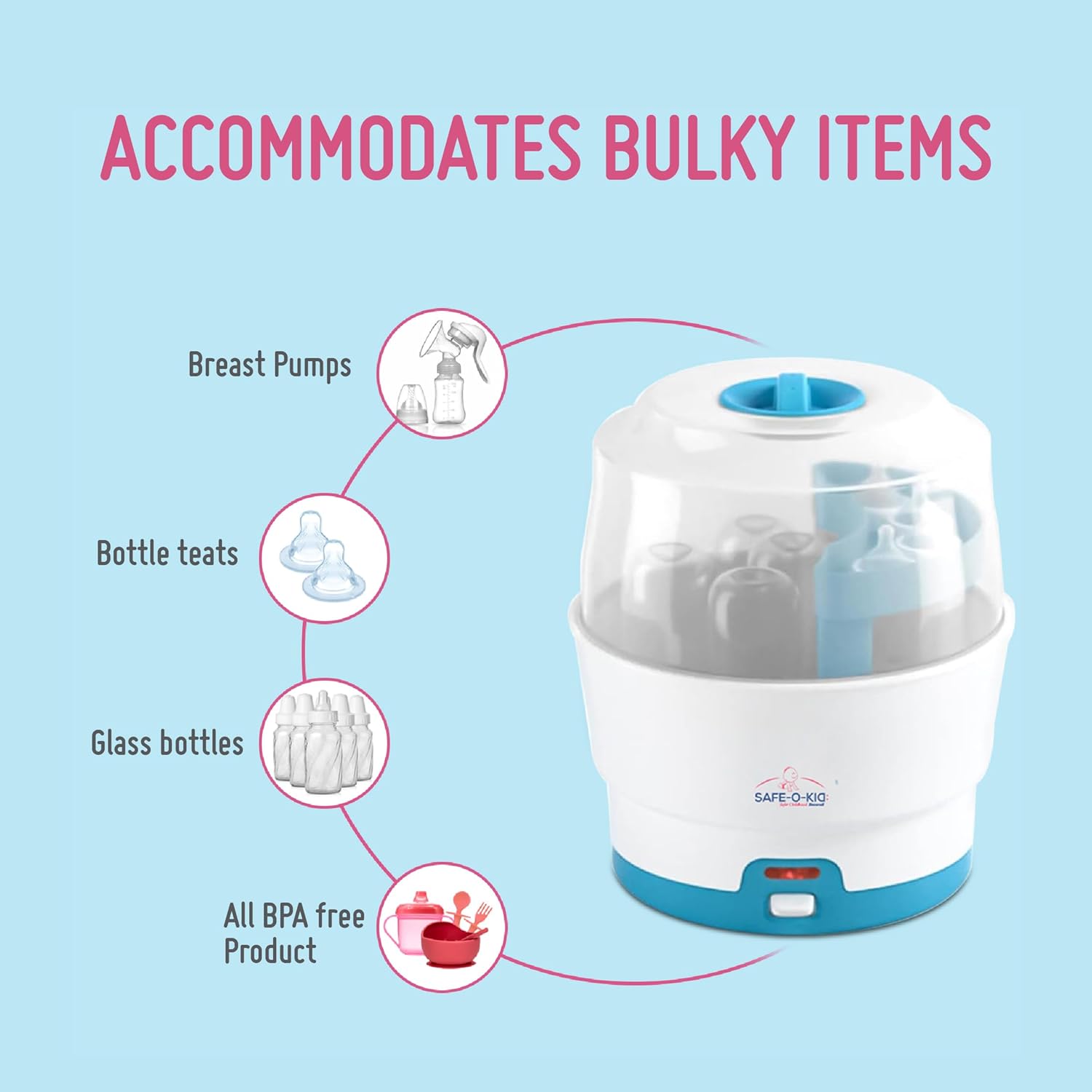 Safe-O-Kid 5 Bottle Sterilizer,BPA Free, Auto Shut, 1-Yr Warranty