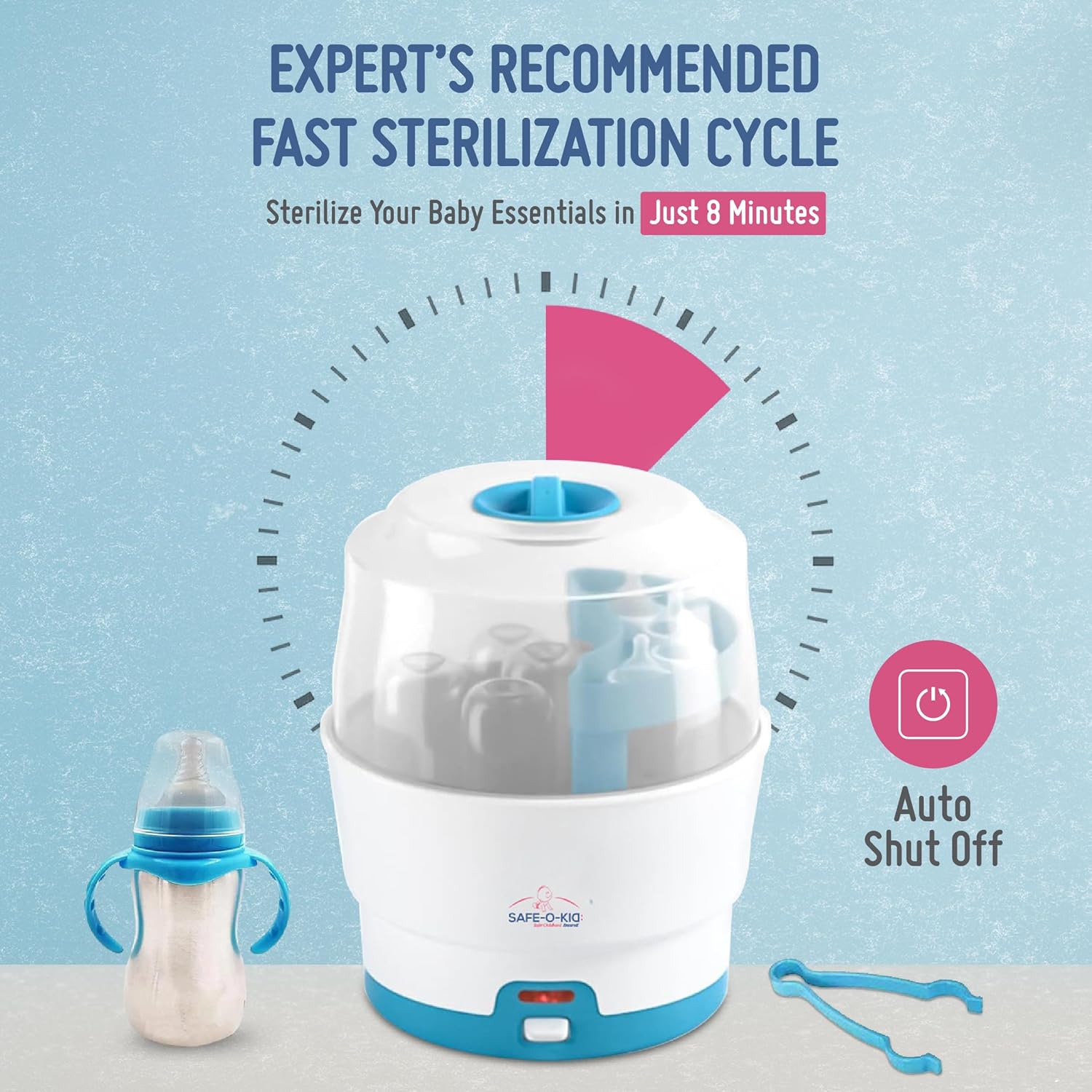 Safe-O-Kid 5 Bottle Sterilizer,BPA Free, Auto Shut, 1-Yr Warranty